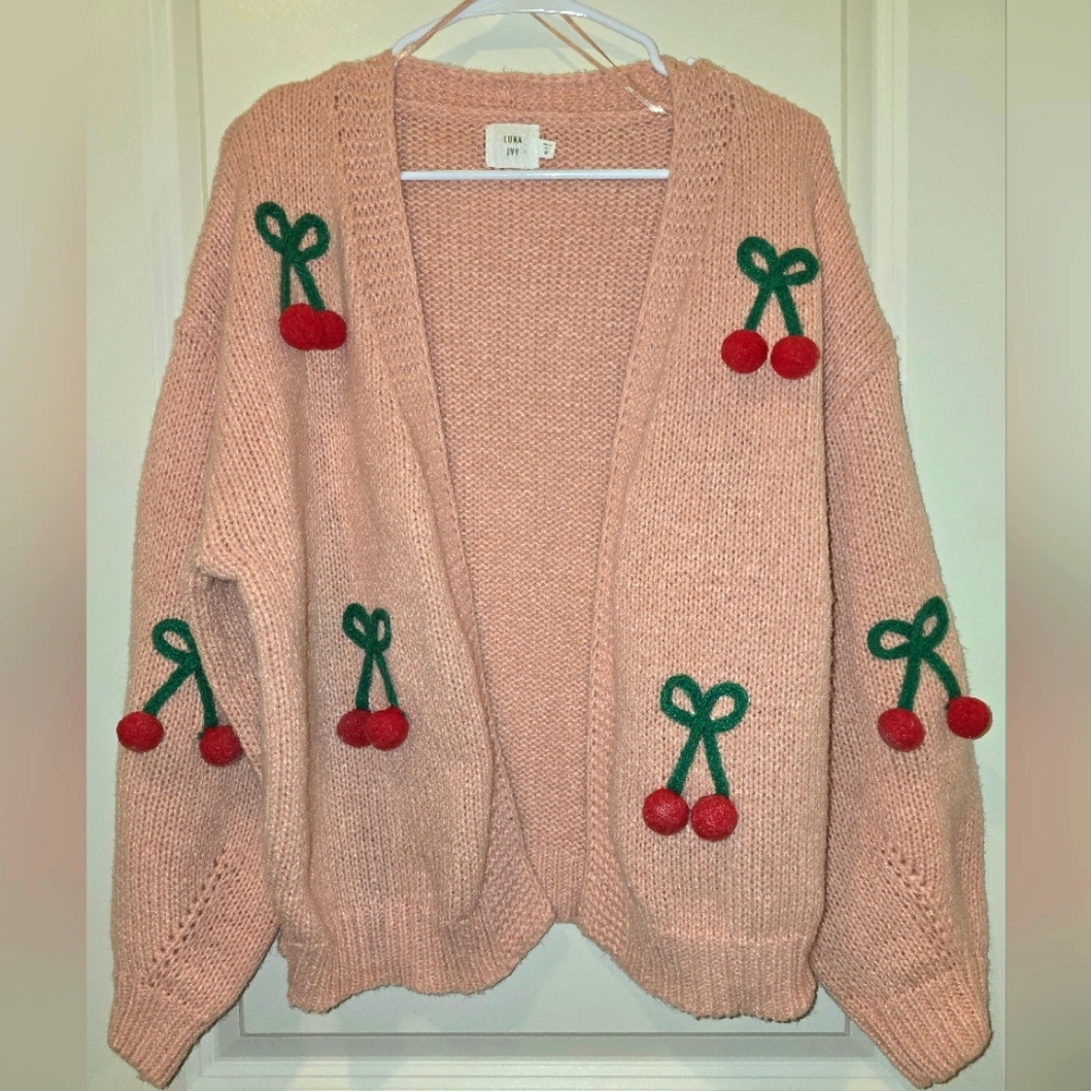 Luna Ivy Pink 3d Cherry Sweater, Pink Cherry Card… - image 1